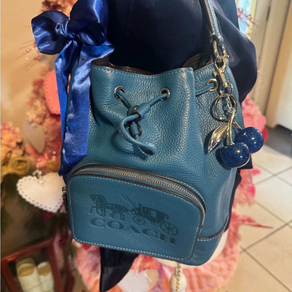 Coach Teal Leather Drawstring Backpack - image 1